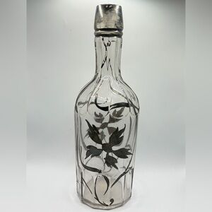 Vintage Art Nouveau Style Painted Silver Floral Motif Glass Bottle Barware